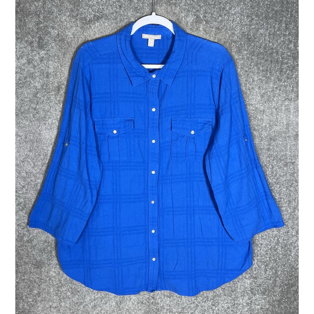 Woman Within Pearl Snap Gauze Top Womens Sz 1X 22/24 Blue Pockets Roll Tab Beach